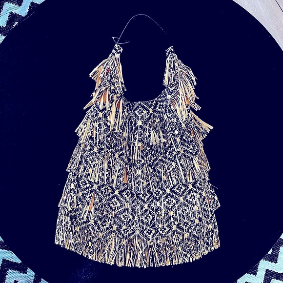 Free People Straw Fringe Pattern Hobo/Tote Handbag - Picture 2 of 5